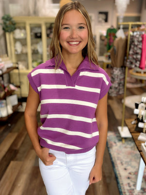 Striped Short Sleeved Sweater in Violet