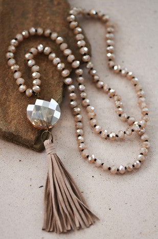Glass Crystal Pendant Beaded Necklace with Tassel