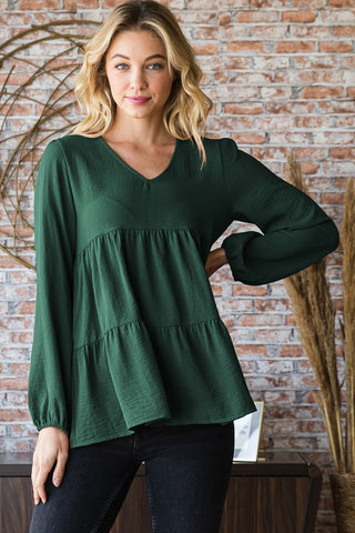 Curvy Hunter Green Tiered Blouse – Plus Size Long Sleeve V-Neck Top