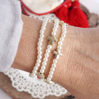 Mini Sideways Cross and Pearls Bracelet Stack Pearls
