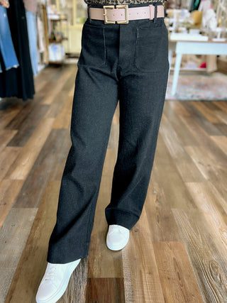 High Rise Wide Leg Pants with Patch Pockets – Black