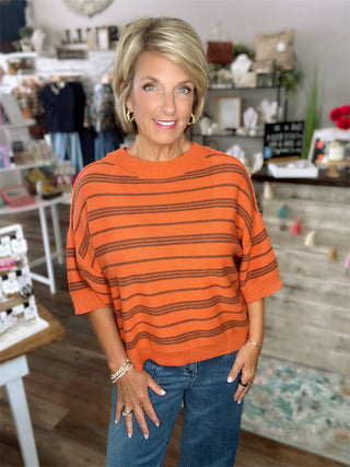 Striped Half Sleeve Knit Sweater in Olive or Pumpkin
