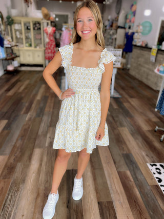Yellow Floral Trellis Smocked Mini Dress