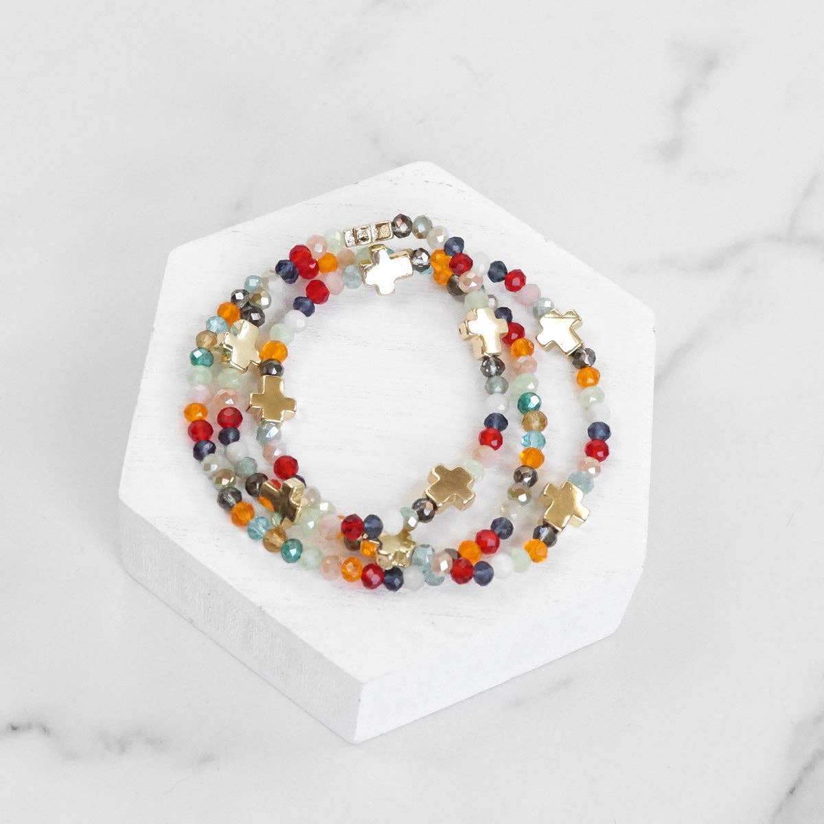 Mini Sideways Cross Bracelet -Glass and Gold Metal Beads