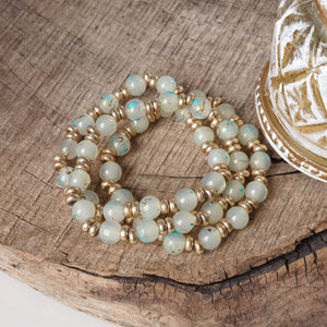 Glass Beaded Bracelet Stack with Worn Gold Accents – Green, Cream, or Gray