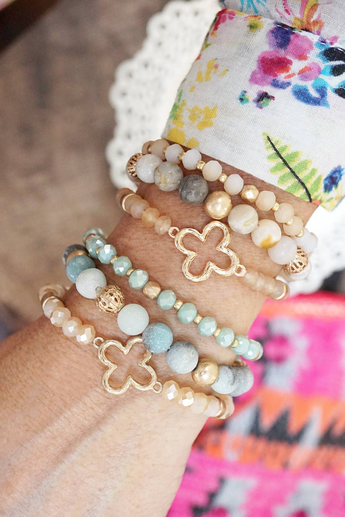 Clover Beaded Bracelet Set Semi Precious Gold Amazonite