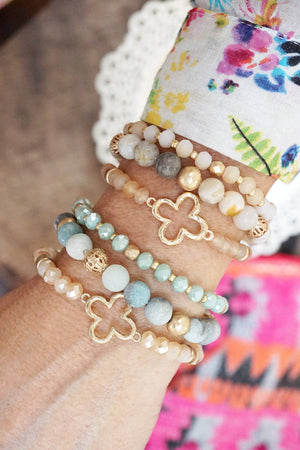 Clover Beaded Bracelet Set Semi Precious Gold Amazonite