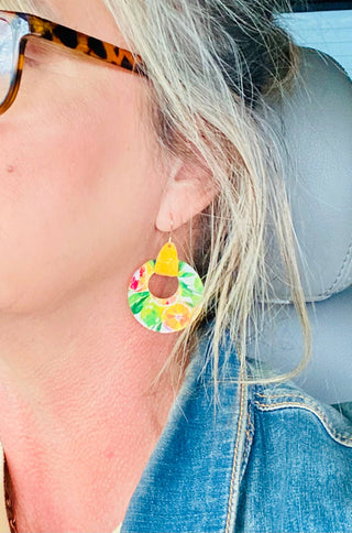 Citrus Lemon Print Stirrup Hoop Earrings 