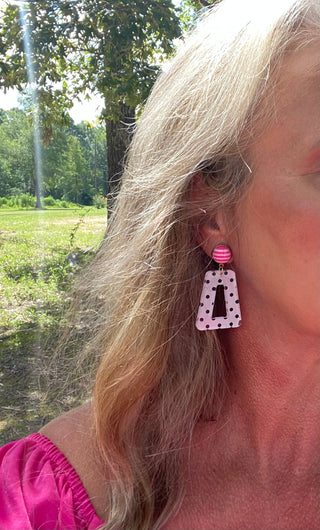 Fun Polka Dots With Pink and White Stripe Button Earrings