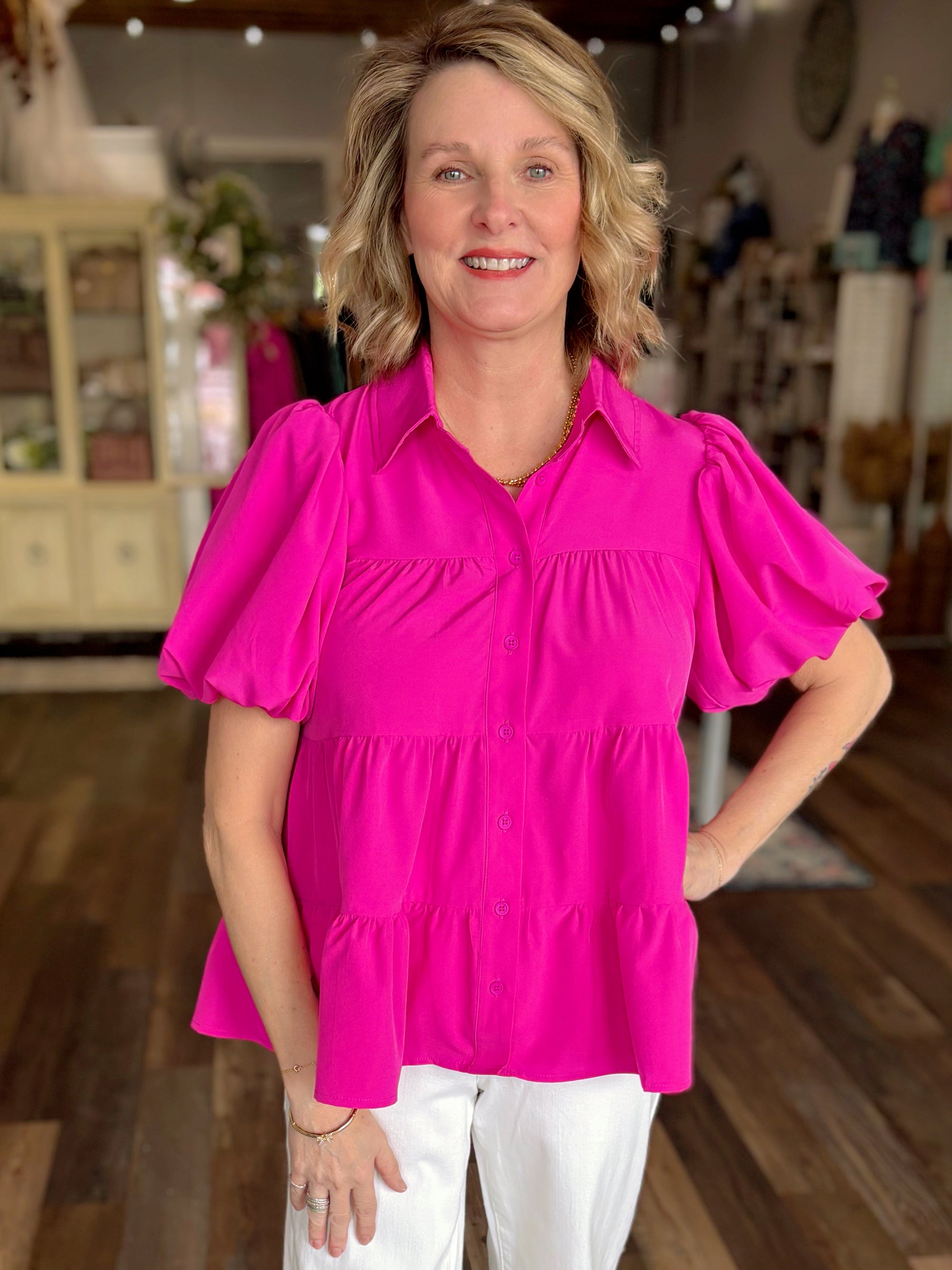 Brighten Up Button Front Blouse in Magenta