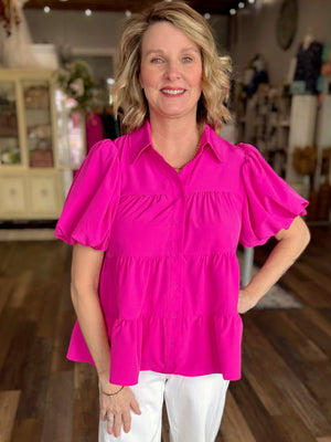Brighten Up Button Front Blouse in Magenta