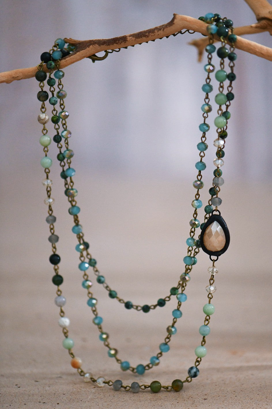 Triple Layered Mixed Glass Bead and Stone Necklace