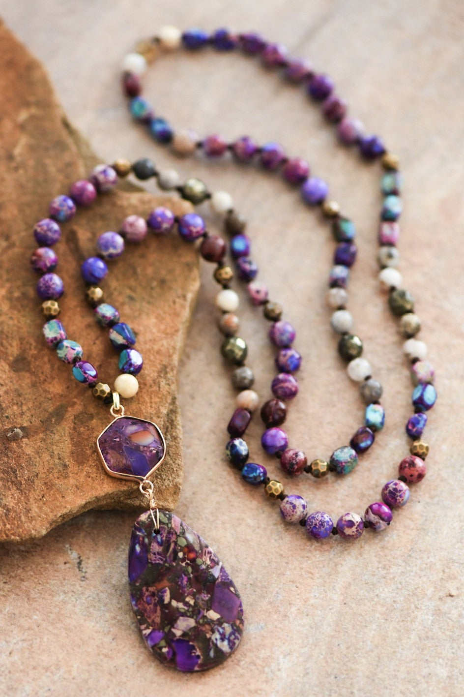Stone Beaded Long Necklace, Large Stone Pendant