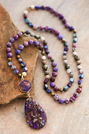Stone Beaded Long Necklace, Large Stone Pendant
