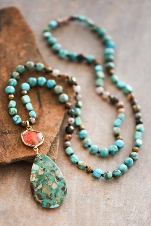 Stone Beaded Long Necklace, Large Stone Pendant
