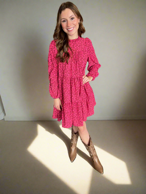 Angela Frilled Mock Neck Floral Print Dress