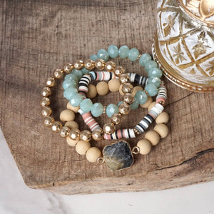 Boho Beaded Bracelets Set Semi Precious Center Stone Wood Glass Clay Beads Aqua Blue Gray and Gold