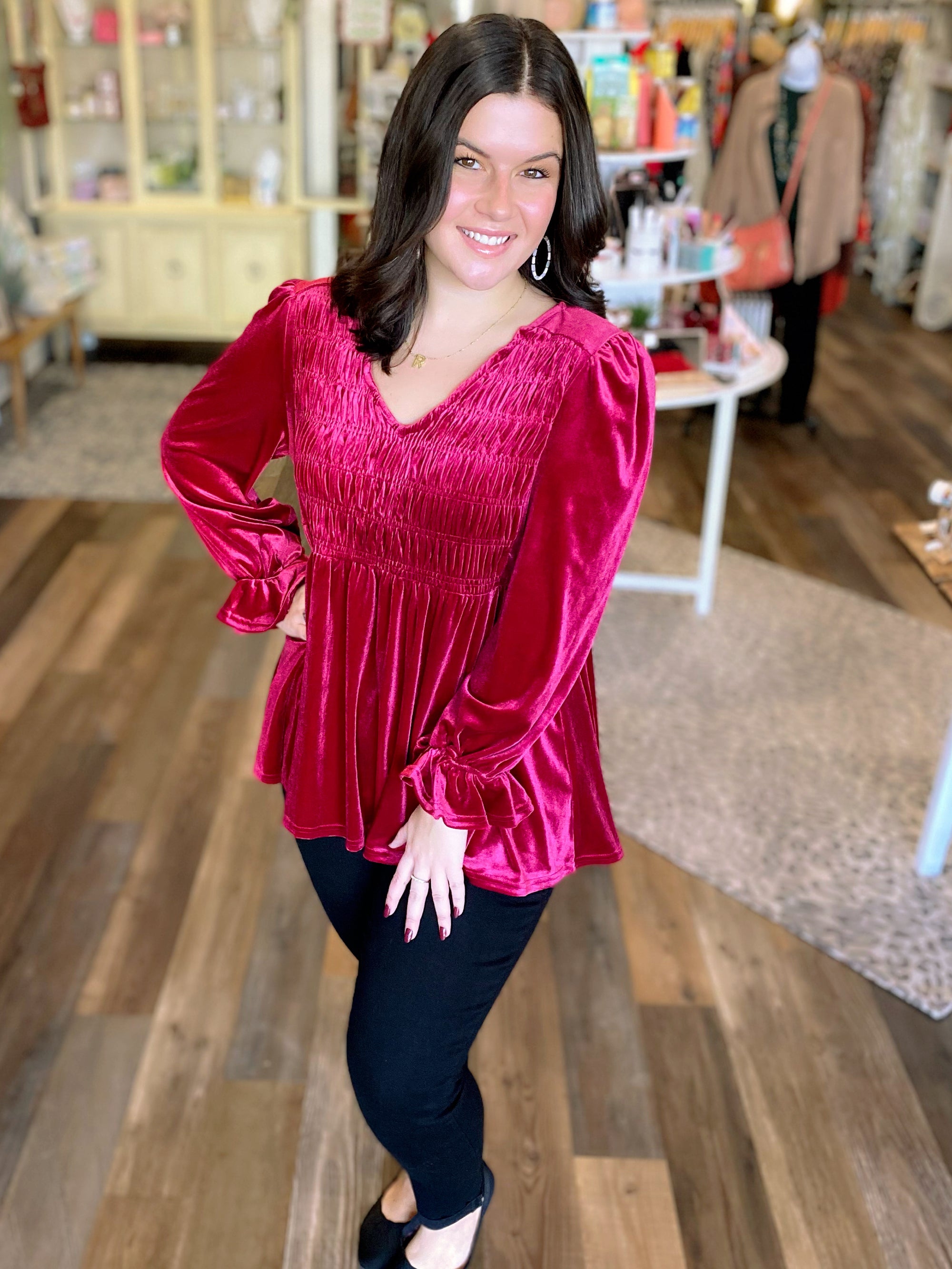 Velvet Smocking V-Neck Top