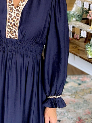 Navy Midi Dress with Leopard Trim