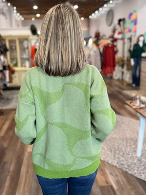 Two-Toned Green Wavy Knit Design Sweater