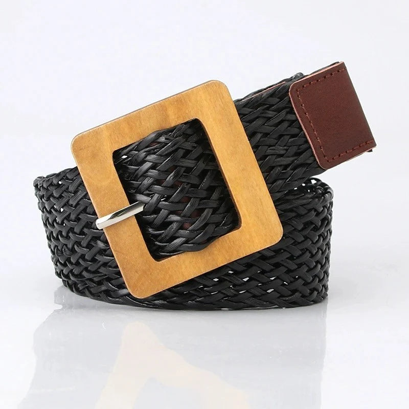 Wood Buckle Braided Rectangle Leather Belt