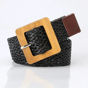 Wood Buckle Braided Rectangle Leather Belt