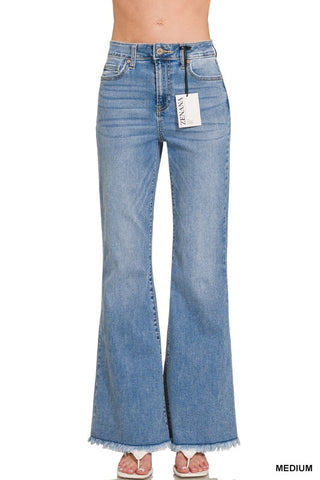 Medium Wash Raw Hem Flare Jeans