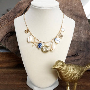 Multi-Charm Chinoiserie & Shell Locket Necklace – Blue & Gold