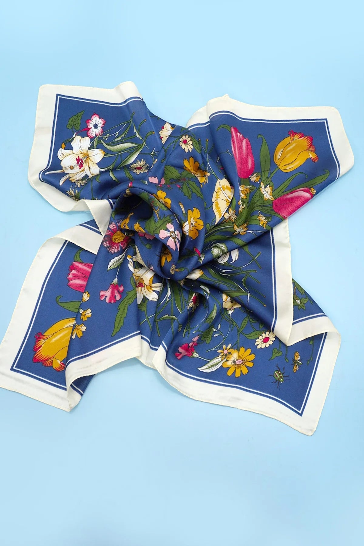 Large Navy Floral Print Silky Feel Bandana Scarf
