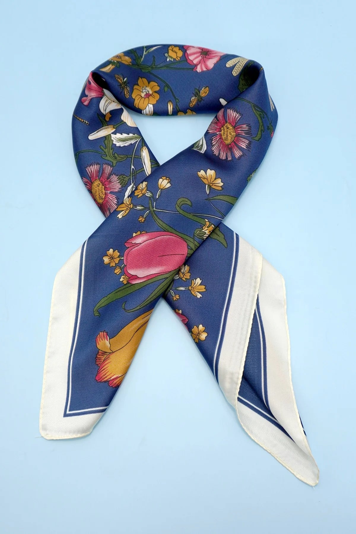 Large Navy Floral Print Silky Feel Bandana Scarf