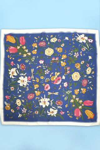 Large Navy Floral Print Silky Feel Bandana Scarf
