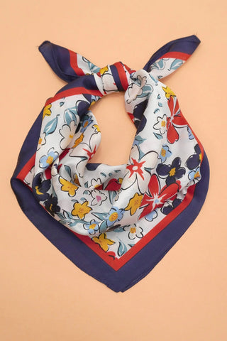 Large White and Navy Floral Print Silky Feel Bandana Scarf