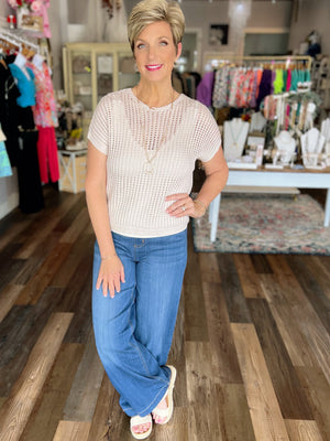Crochet Knit Short Sleeve Sweater
