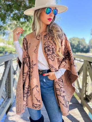 Elegant Floral Print Cape in Camel