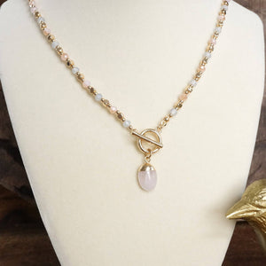 Faceted Beads & Oval Stone Front Toggle Necklace – Gold Tone and PInk