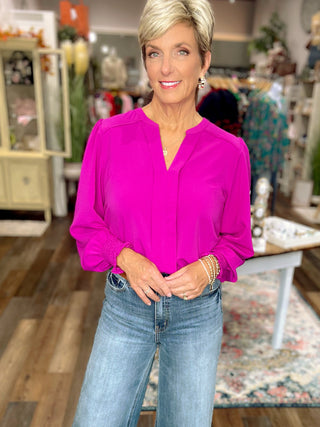Magenta Smocked Sleeve Pleated Blouse