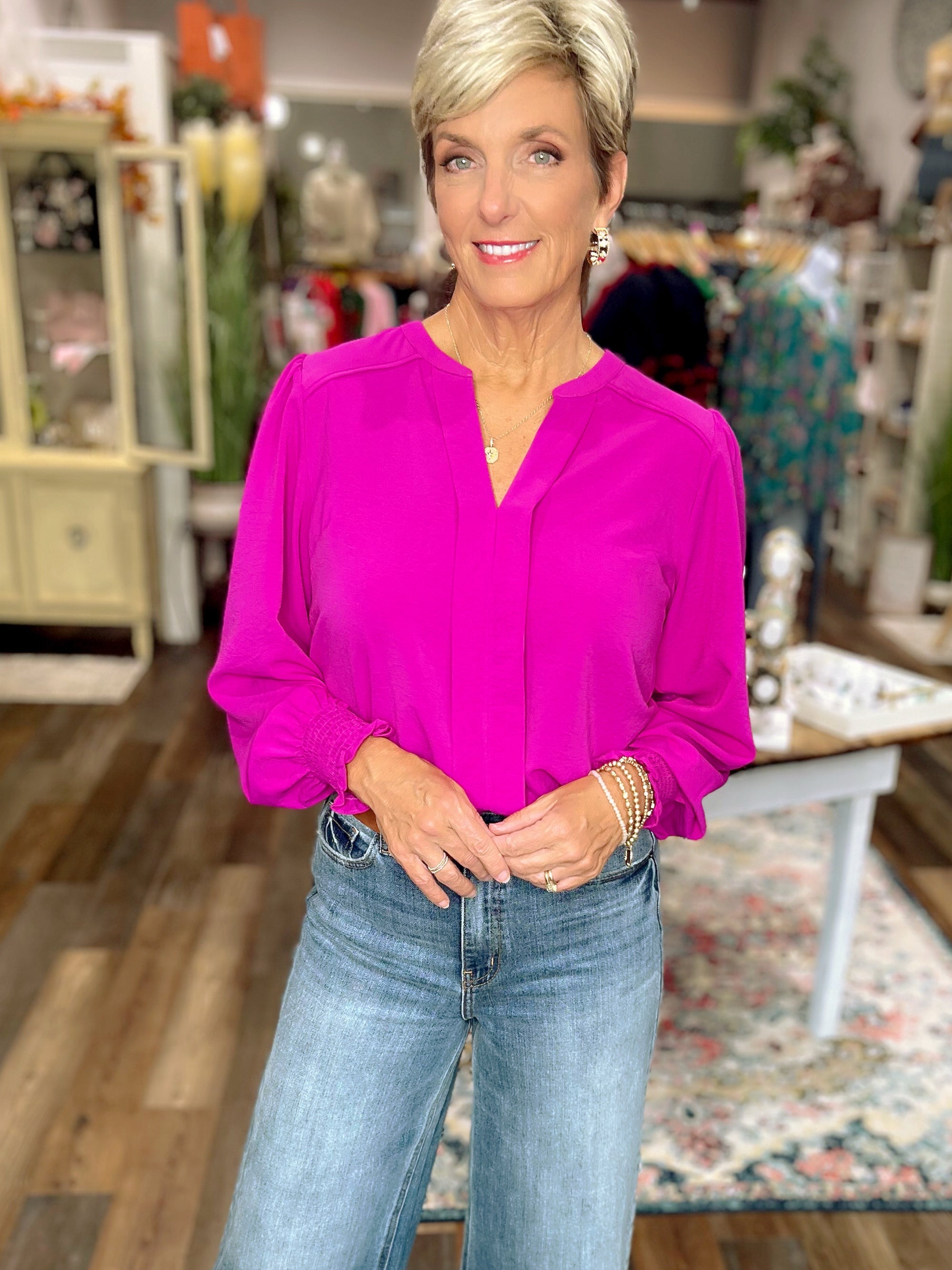 Magenta Smocked Sleeve Pleated Blouse