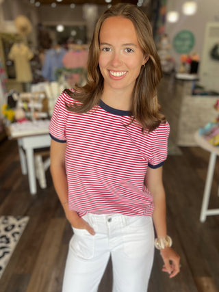 Red and Navy Short Sleeve Striped Top