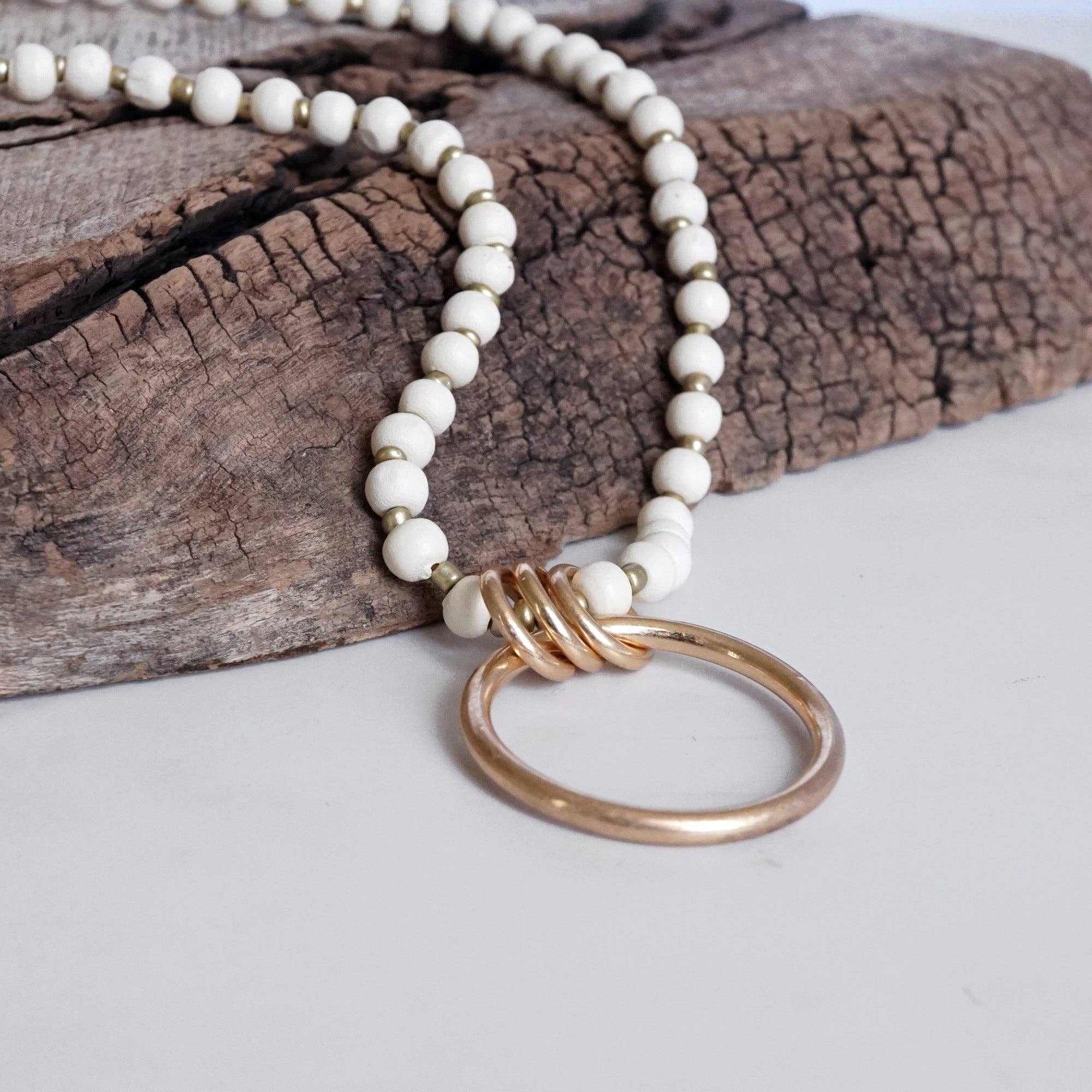Long Wooden Bead Necklace with gold circle ring - Cream