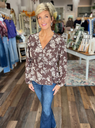 Autumn Blossom V-Neck Floral Blouse – Brown Long Sleeve Top