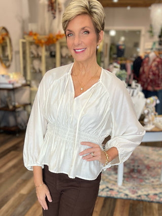 Ivory Smocked V-Neck Blouse – Long Balloon Sleeve Peasant Top