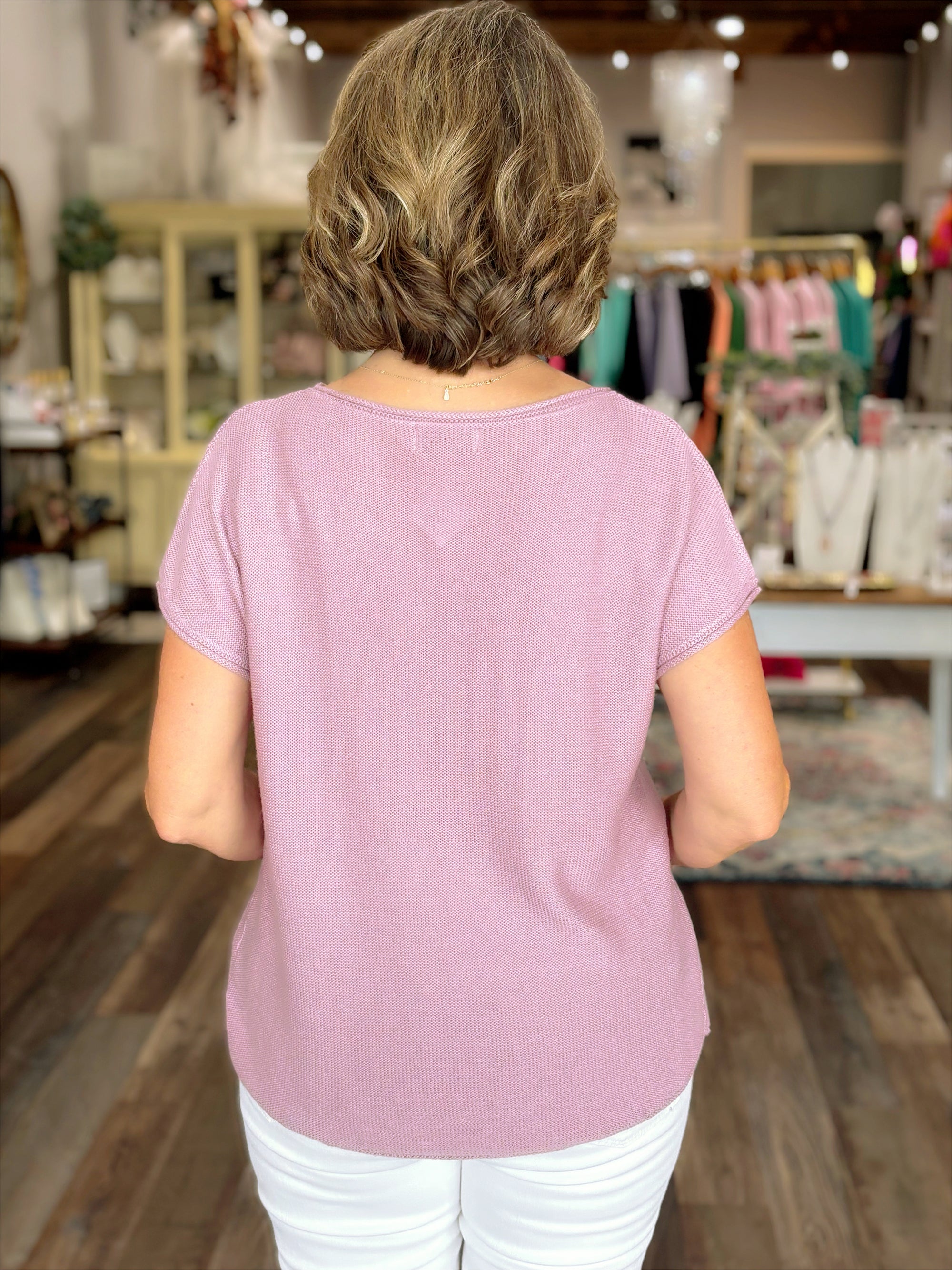 Short Sleeve Cotton Blend Sweater Top in Violet