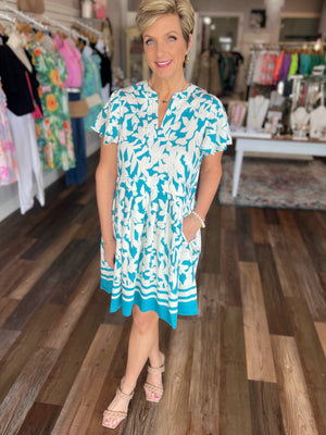 Just Lovely Floral and Stripe Print Dress in Turquoise