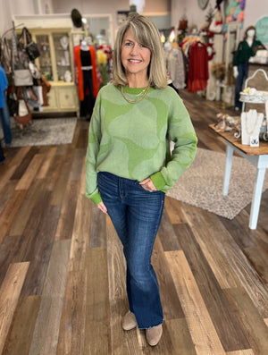 Two-Toned Green Wavy Knit Design Sweater