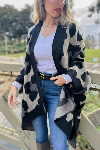 Black Leopard Printed Knitted Cozy Kimono Cardigan