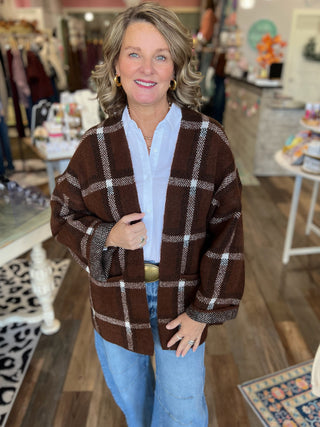 Knit Sweater Open Front Cardigan - Brown Plaid
