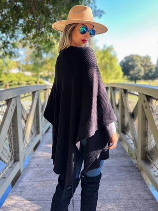 Classic Black Ribbed Knit Ruana with Button