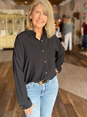 Beverly Button Up Long Sleeve Top in Black