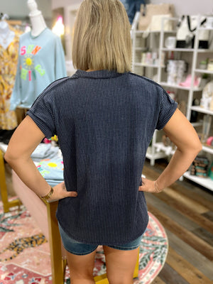 Urban Ribbed Short Sleeve Top in Navy