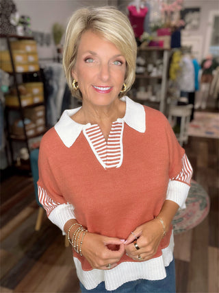 Rust Collared Half Sleeve Sweater